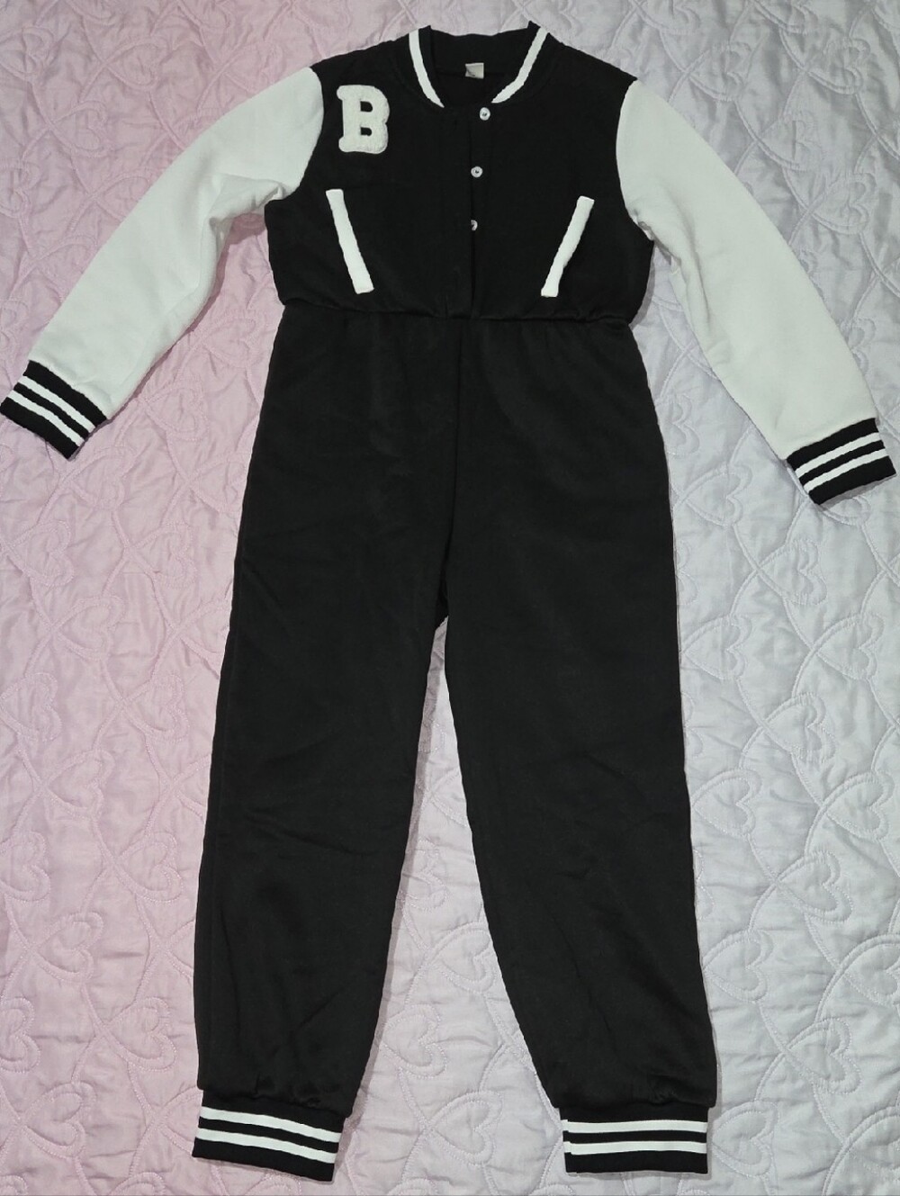 SHEIN Black and White Varsity-Style Snap Jumpsuit